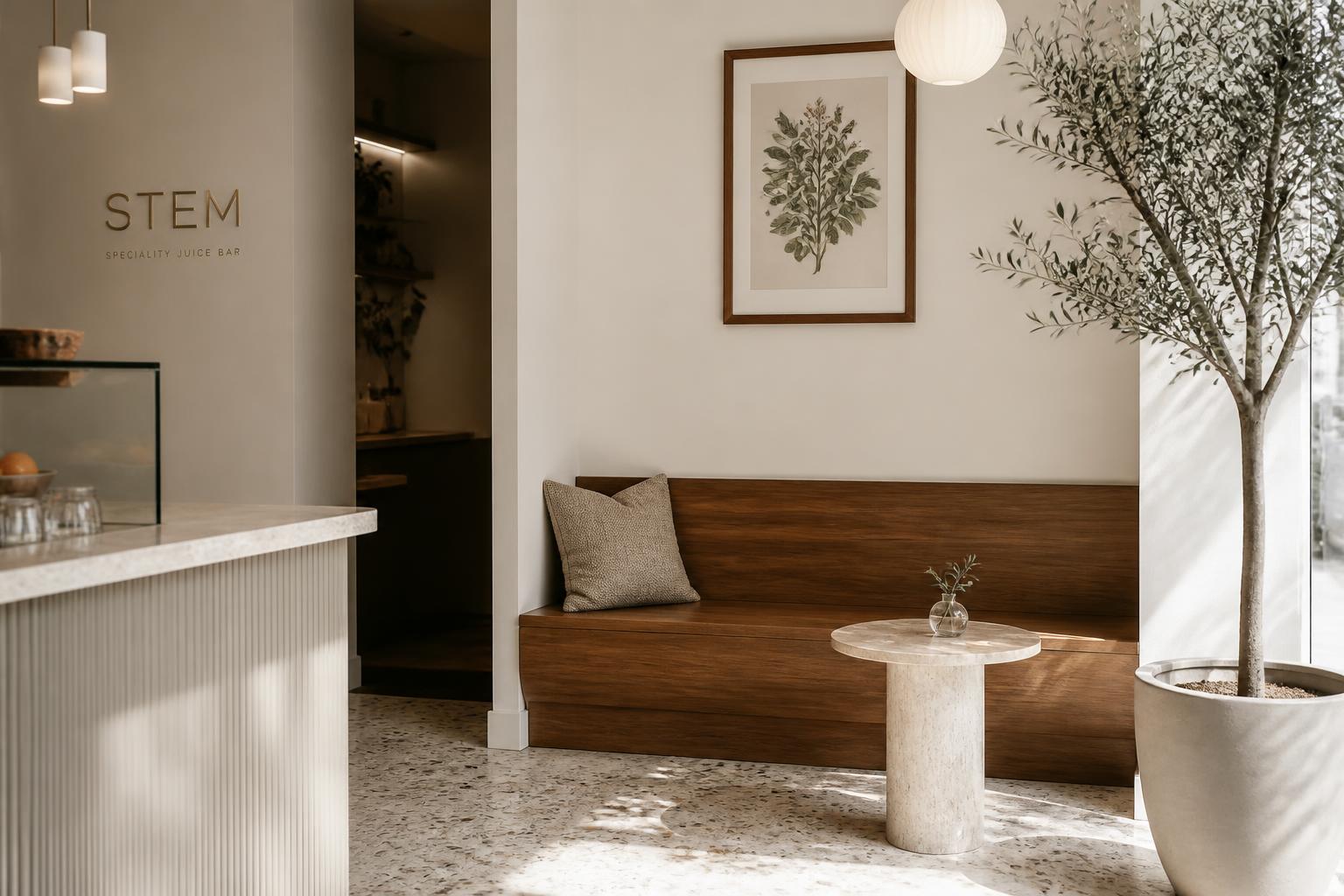 Speciality Juice Bar Concept — Seating nook — bench and signage