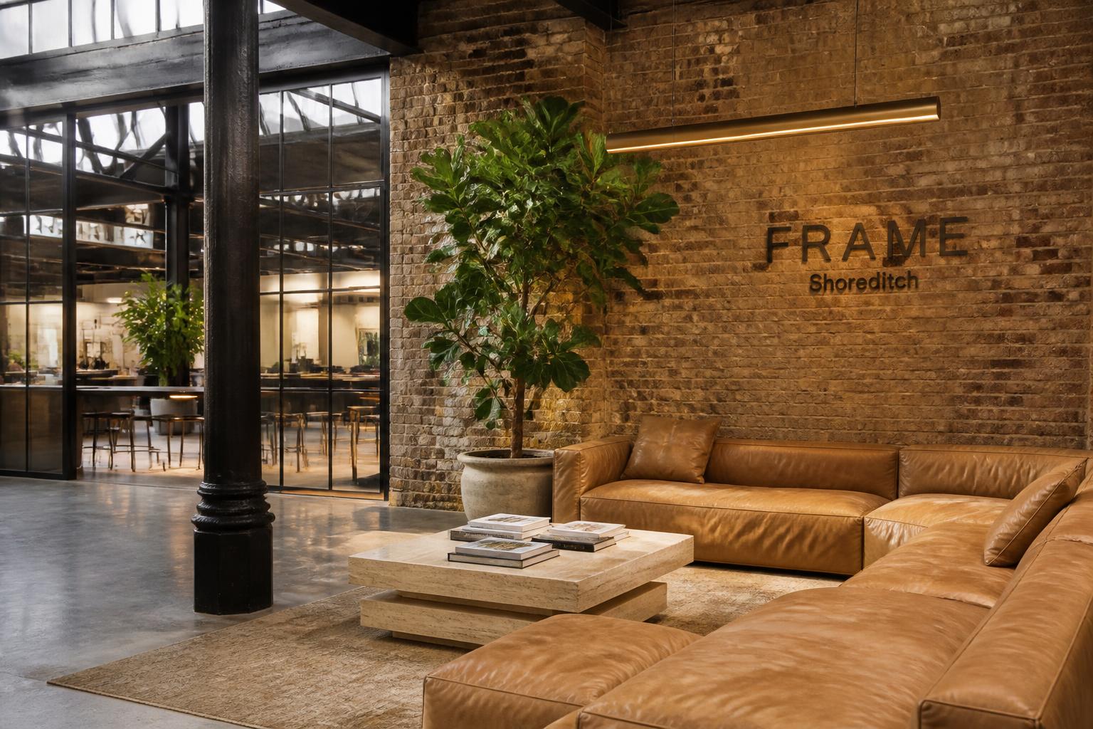 Flexible Workspace Concept — Lounge — leather sectionals and biophilia