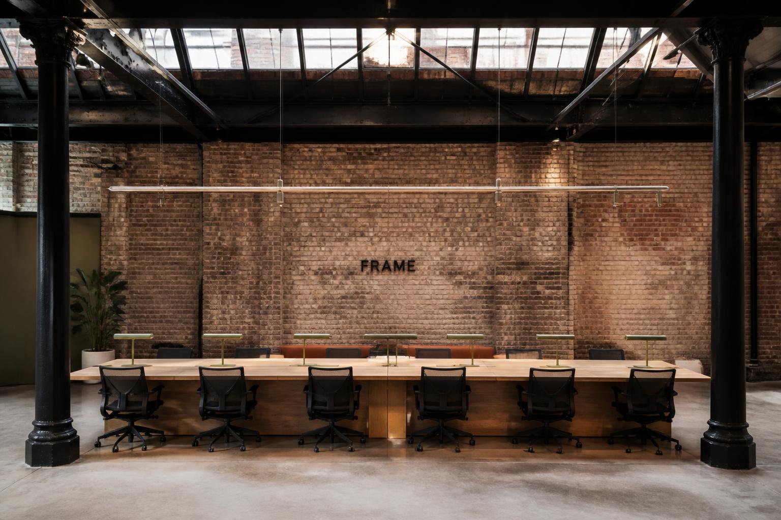 Flexible Workspace Concept — Hot-desk bench — brass pendants and feature wall